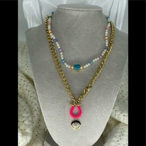 New 18K Gold Filled 2 Piece Layered Gold Necklace 🧿 Mother of Pearl- Neon pink